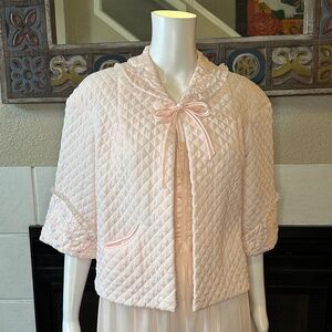 Barbizon Puff Bed Jacket Satin Quilted 3/4 Sleeve tie pocket embroidered Med